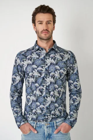 DESOTO - Casual Kent 1/1 dark denim blossoms - Gr. - XL