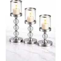 Ruhhy Kerzenständer Kerzenständer Laternen Set 3-teilig Glamour mit Kristalloptik Silber (Kerzenständer Set 3-teilig für Tischdekoration im Glamour Stil, 3 St., 3-teiliges Kerzenständer Set aus Glas und Metall mit Kristalloptik), Kristalloptik Unters