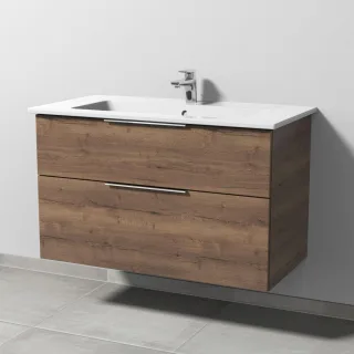 Sanipa 3way Keramik-Set Venticello Keramik-Waschtisch und Unterbau mit 2 Auszügen, Eiche-Tabak UM32450