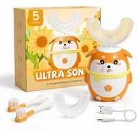 Tekoo Elektrische Kinderzahnbürste Schallzahnbürste Kinder Set U-Form, 5 Modi & Timer, 2-7 Jahre, Aufsteckbürsten: 4 St., Inklusive 4 Bürstenköpfe (2x U-Form, 2x Standard), Elektrische Kinderzahnbürste mit U-Form Kopf für 360° Reinigung