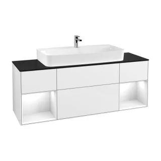 Villeroy und Boch Finion Waschtischunterschrank G212GFGF 160cm, Abdeckplatte black matt, Emotion, Regale Glossy white lacquer, Glossy white lacquer