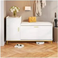 Merax Schuhbank Hochglanz in Weiß und Gold, mit gepolsterter Sitzfläche (100×38×68 cm, 1-St., Schuhbank für Flur, Wohnzimmer oder Büro), Schuhschrank mit 2 Fächern, 1 Schrank & Metallfüße
