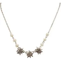 Alpenflüstern Collier Metall-Trachtenkette Strass-Edelweiss Trilogie (antik-silber-farben), - Damen-Trachtenschmuck Dirndlkette