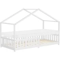 ML-DESIGN Spielbett Hausbett Kinderbett inkl. Lattenrost & Rausfallschutz Kinder Bodenbett, Abenteuerbett 90x200cm mit Matratze Himmelbett Kiefer Jugendbett Weiß