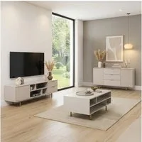 Lomadox Wohnzimmer-Set NADOR-132, (Mega-Spar-Set, 3-St., Couchtisch Lowboard Sideboard), Kaschmir mit goldfarbenen Metallgriffen und -füßen, Front Rillenoptik
