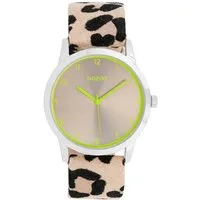 OOZOO Quarzuhr Damenuhr C11645 – Lemon & Taupe – Leoprint-Lederband – 38 mm
