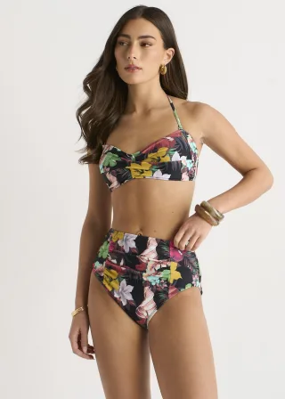 Bikini-Oberteil mit tropischem Blumenmuster und gedrehter Vorderseite