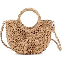 Bwecuy Umhängetasche Strohtasche Damen Halbmond, Handgeflochtene Rattan Strandtasche, Retro Schultertasche und Crossbody Bag, Sommer Tasche