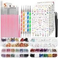 Refined Living Nageldesign Zubehör Nageldesign Set, Nail Art Pinsel Set,Nailart Pinsel & Dekorationen Set, Pinsel Für Gelnägel,Professionelles Nail Art Set 15 Pcs Nagel Pinsel, 5 Blätter Nagelsticker, Schmetterling & Herzenform Nagel Pailletten, Stra