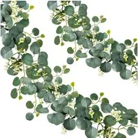 Kunstranke 2 Stück Eukalyptus Girlande, Künstliche Girlande Pflanze 1,8m Hängend, wohnTRAUM24, mit Weiße Blumen Silberdollar Eukalyptusranke für Hintergrund Hochzeit