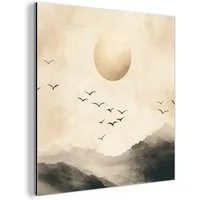 MuchoWow Metallbild Landschaft - Japandi - Vogel, Inkl. Aufhängung, Alu-Dibond-Druck, Wandbild aus Metall, Aluminium deko, 20x20 cm