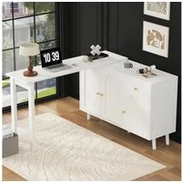 Merax Schreibtisch Multifunktionaler 2-in-1 Schreibtisch & Sideboard (120 x 40 x 74,5 cm, 1-St., Flexibel als Computertisch, Eckschreibtisch, Frisiertisch, Kommode), Eckschreibtisch mit 360° drehbarer Tischplatte, 3 Türen & 1 Schublade