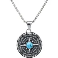 KARMA Kette mit Anhänger Herren Kompass Silber Türkis Edelstahl 60 cm (Set, 1-tlg., Herrenhalskette Geschenk für Ihn wasserfest hypoallergen), Halskette Herrenschmuck