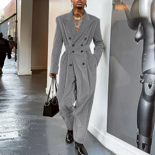 INCERUN Men Jumpsuits Corduroy double-breasted Suit Collar Long-sleeved Casual One-piece Suit for Men with Side Pockets