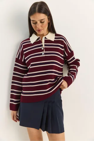 Gestreifter Polo-Kragen Knopf-Pullover