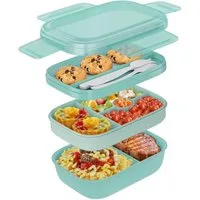AURIVION Lunchbox Bento Lunchbox 1900ml mit Fächern & Besteck für Kinder & Erwachsene, Silikon, (Set, 4-tlg., 3-Schichten Brotdose mit Obstfach, auslaufsichere Salatbox), Lunchbox mit Cutlery, ideal für Schule, Arbeit & Reisen