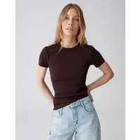 OPUS Kurzarmshirt Basicshirt aus Baumwoll Mix mit Muschelkante Schmale Passform, bogenförmige Spitzenborte