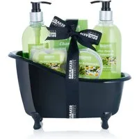 BRUBAKER Hautreinigungs-Set Bade- und Dusch Set mit Aloe Vera & Kamille Duft, Pflegeset, 9-tlg., Frauen Wellness Geschenkset mit Deko Badewanne Schwarz, Badeset