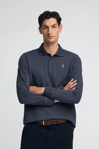 Poloshirt denimblau mit langen Ärmeln und gesticktem Rigby Go-Logo