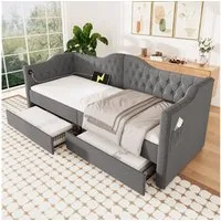 Flieks Daybett, Polsterbett Tagesbett 90x200cm mit Ladefunktion und Schubladen Leinen