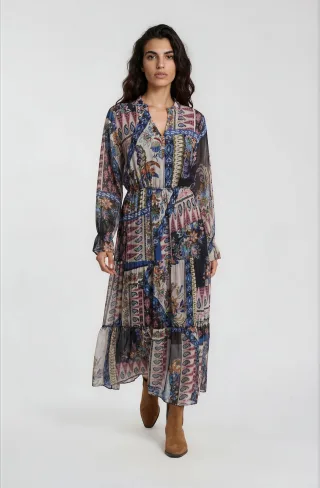 Milano Italy - round neck tiered dress with ruffle navy print - Gr. - 42