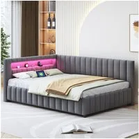 Flieks Daybett, Polsterbett Schlafsofa 140x200cm mit LED Beleuchtung USB-Ladeanschluss