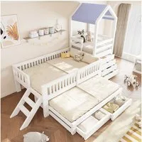 Flieks Kinderbett, Massivholzbett 90x200cm mit Ausziehbett 90x190cm, Schrank, Schubladen