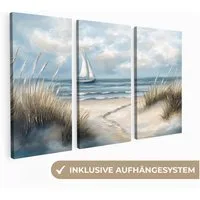 MuchoWow Leinwandbild Strand - Farbe - Natur - Boot, Fotodruck (3 St), Wand Bilder 3 Set, Deko Schlafzimmer Wohnzimmer Flur 60x40 cm