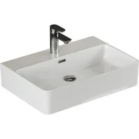 Aqua Bagno Waschbecken Keramikwaschbecken weiß glänzend 61cm eckig Wandmontage Waschtisch (Keramikwaschbecken weiß hochglanz, pflegeleicht & hygienische Oberfläche, 1-St., Handwaschbecken, Waschplatz mit Hahnlochbohrung und Überlauf), Auftischwaschbe