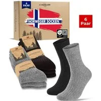 sockenkauf24 Norwegersocken Wintersocken warme Wollsocken Damen & Herren (Grau/Schwarz, 6-Paar, 43-46) gepolsterte Frotteesohle - 20100