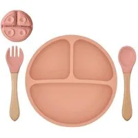 König Design Kindergeschirr-Set Babyteller Kinderteller mit Saugnapf Teller mit Löffel Gabel, 1 Personen, Silikon BPA Frei Baby Tischset für Baby und Kinder