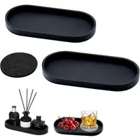 Holz Lichter Dekoschale Deko Tablett 2er Set, Silikon Ablageschalen, Schwarz, Oval, rutschfest (2 St), Pflegeleicht & multifunktional für Bad, Küche & Wohnzimmer