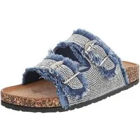 Ital-Design Glamouröse Damen Sandalen mit Strass und Korkfußbett Pantolette (91512400) Flach Pantoletten in Blau
