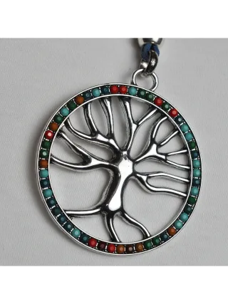 Steuer Modeschmuck Kette Lebensbaum mit bunter Zierde an blauem Veloursband