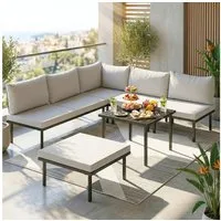 Outsunny Sitzgruppe mit 2 Sitzer Gartensofa, 2 Stühle, Eckstuhl, Lamell-Tisch, Fußhocker, (Gartenlounge Set, 6-tlg., Lounge Gartenmöbel Set), Hellgrau