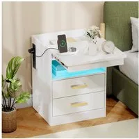 HOMCOM Nachttisch Beistelltisch mit LED-Beleuchtung, 2 AC-Steckdosen, 2 USB-Anschlüsse (Nachtschrank, 1-St., 1 Tisch), mit Ladestation, RGB-LED, Hochglanzoberfläche