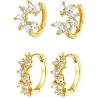 Hey Happiness Creolen-Set Layer Blumen, aus Silber 925 4-tlg., Florale Damen Silberohrringe mit Zirkonia, Vergoldet 18K