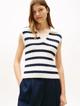 Tommy Hilfiger Pullunder "CO CABLE MID GG OPEN POLO VEST" mit Zopfmuster