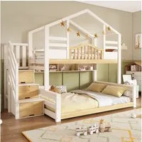 Flieks Etagenbett, Kinderbett Hausbett 90x200+140x200cm mit Stauraumtreppe und Regalen