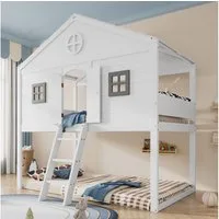 Flieks Etagenbett, Hausbett Kinderbett 90x200cm mit dreistufiger Leiter, Tür und Fenster