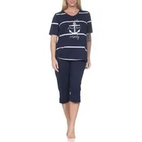 Normann Pyjama Maritimer Damen kurzarm Capri Schlafanzug mit Anker Motiv