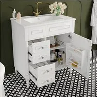 Flieks Waschtisch Waschbeckenunterschrank mit Keramik-Waschbecken (76,5×46,5×84 cm, 1-St., bodenstehend, Beine aus Massivholz), Badezimmerschrank mit 2 Schubladen und Türablagen Badmöbel Weiß
