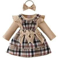 Lapastyle Shirt, Rock & Haarband Langarmbody, Trägerkleid und Stirnband für Neugeborene mit karierte (Set, 3-tlg) Baby Mädchen Süßes Outfit mit Schleife&Rüschen für Party, Geburtstage
