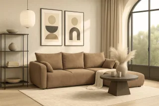 Ecksofa mit Schlaffunktion RUDEN Sofa in Stoff Raven Braunbeige Ottomane Rechts