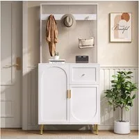 Merax Garderoben-Set mit Soft-Close-Türen, Flurgarderoben Set in Weiß mit Goldakzenten, (Garderobenständer Garderobenschrank Kompaktgarderobe, 1-St., 80x35x175,5 cm), Flurgarderobe mit Schuhschrank, Regal & verstellbaren Einlegeböden