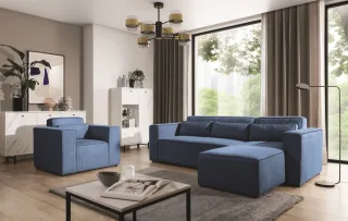 Ecksofa Schlafsofa inkl. Sessel WALDO Stoff Poso Blau Ottomane Rechts