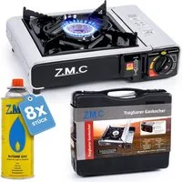 ZMC Gaskocher Edelstahl Gaskocher 1-flammig + Aufbewahrungskoffer + 8x Gaskartuschen, (Butangas Campingkocher für Innenraum/Outdoor, Campinggaskocher 2,2 kW mit Piezozündung, Piezozündung), Kochfeld Herd Gaskocher mit Kartusche, Gaskochfeld für Campi