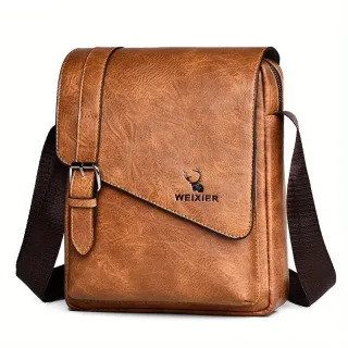 WEIXIER Men's Business Shoulder Bag Large Capacity, Waterproof Messenger Crossbody Bag, Casual Fashion PU Leather Backpa