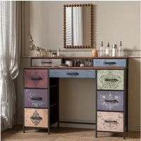 FUROKOY Kommode Vintage Stoffkommode Sideboard mit klappbaren Stoffschubladen (Schminktisch mit Stoffchubladen, Retro-schubladenschrank für Arbeitszimmer Flur Wohnzimmer Schlafzimmer), 9 Stoffschubladen