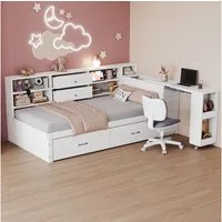 Odikalo Schlafsofa Schlafcouch 90x200 Polsterbett mit Schreibtisch & Stauraum, Holzschlafsofa 90x200 cm, multifunktionaler Stauraum, verdeckte Staufächer und Regale, 2 große Schubladen, Multifunktionssteckdose, ausziehbarer Schreibtisch, Einzelbett, 